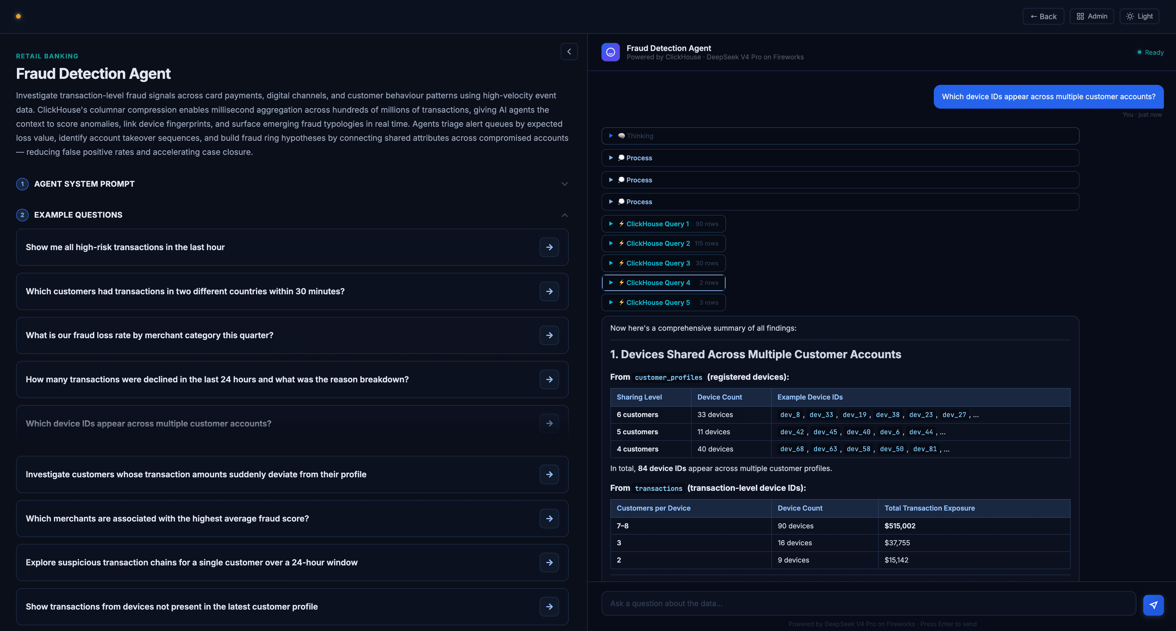 Agentic Analytics platform showing Merchant Acquiring Agent